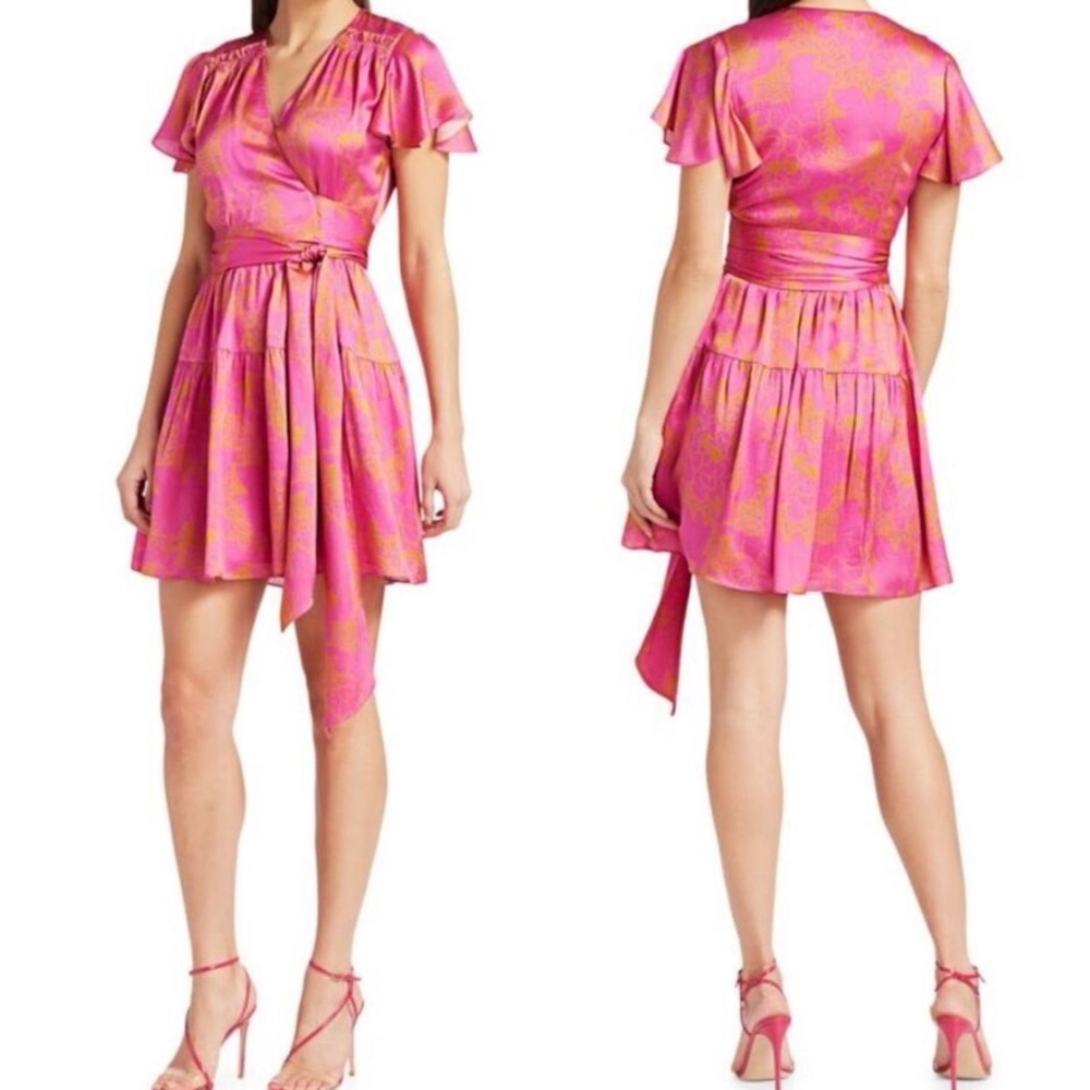Tanya Taylor Paris Hammered Silk Wrap Dress in Ikat Flower Pink $545 - Picture 2 of 12